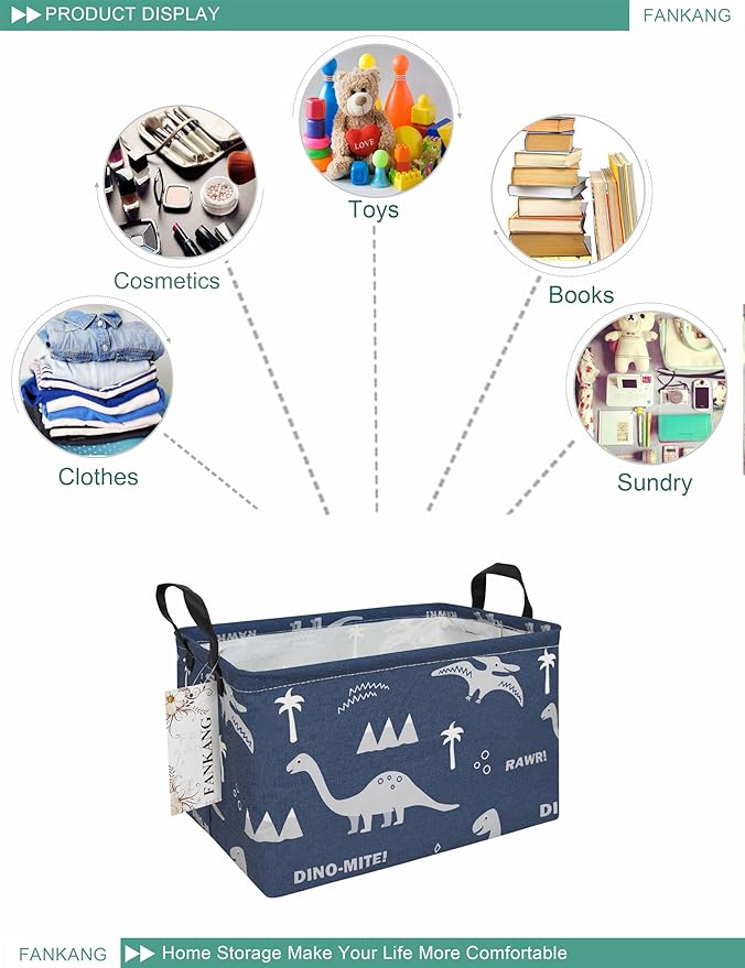 FANKANG Storage Bins, Nursery Hamper Canvas Laundry Basket Foldable with Waterproof PE Coating Large Storage Baskets for Kids Boys and Girls, Office, Bedroom, Clothes,Toys(Rec-Blue dinosaur-Ruum Studio Home