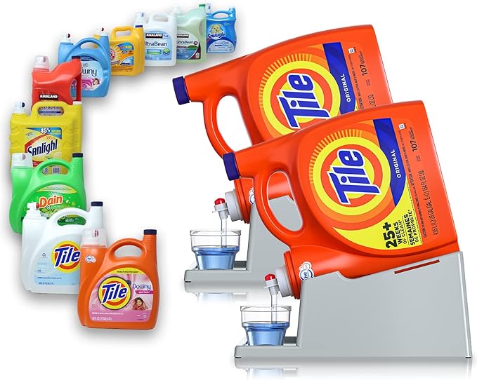 TidyFriend 2 Pack Liquid Laundry Detergent Holder Stand with Drip Tray & Rubber-Grip Feet, Stand for Laundry Room Organization and Storage, Fabric Softener Dispenser with Cup Holder (Grey)-Ruum Studio Home
