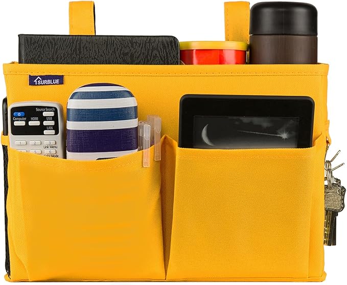 Surblue Bedside Caddy Hanging Bed Organizer Storage Bag Pocket for Bunk and Hospital Beds, College Dorm Rooms Baby Bed Rails, Camp 4 Pockets and 2 Hooks (Small, Yellow)-Ruum Studio Home