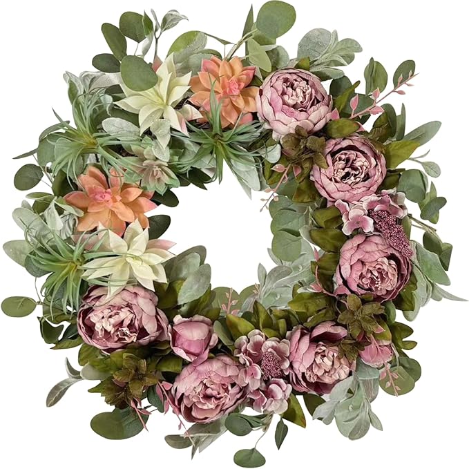 WANNA-CUL 24 Inch Spring Peony Wreaths for Front Door,Succulent Summer Wreath with Pink Peony Floral, Spring Front Door Decor with Succulent Arrangement Decoration-Ruum Studio Home