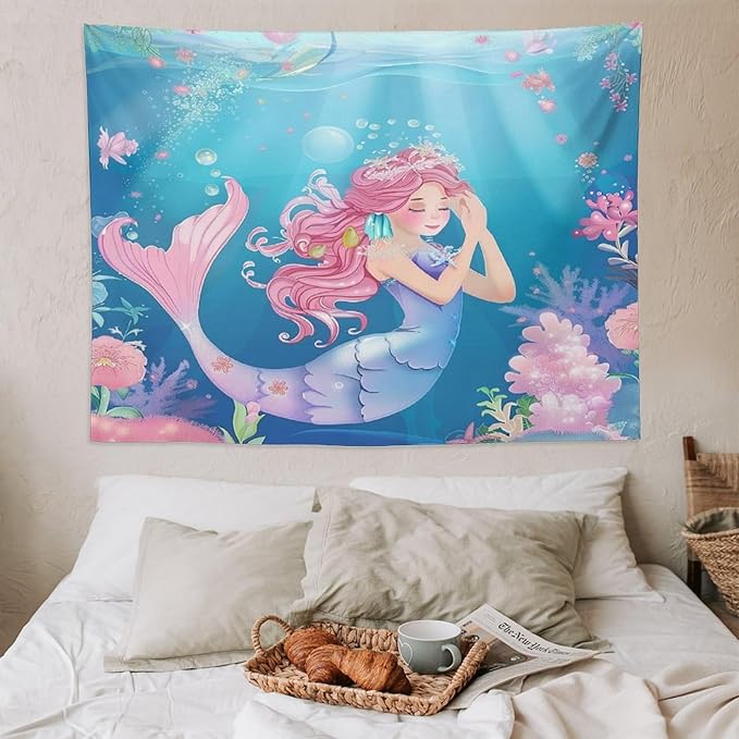 HZOHNAGO Mermaid Girls Tapestry Watercolor Flowers Mermaid Princess Blessing Pattern for Kids Room Decoration Printed Wall Tapestry Wall Hanging for Bedroom Living Room Dorm 80" W x 60" H-Ruum Studio Home