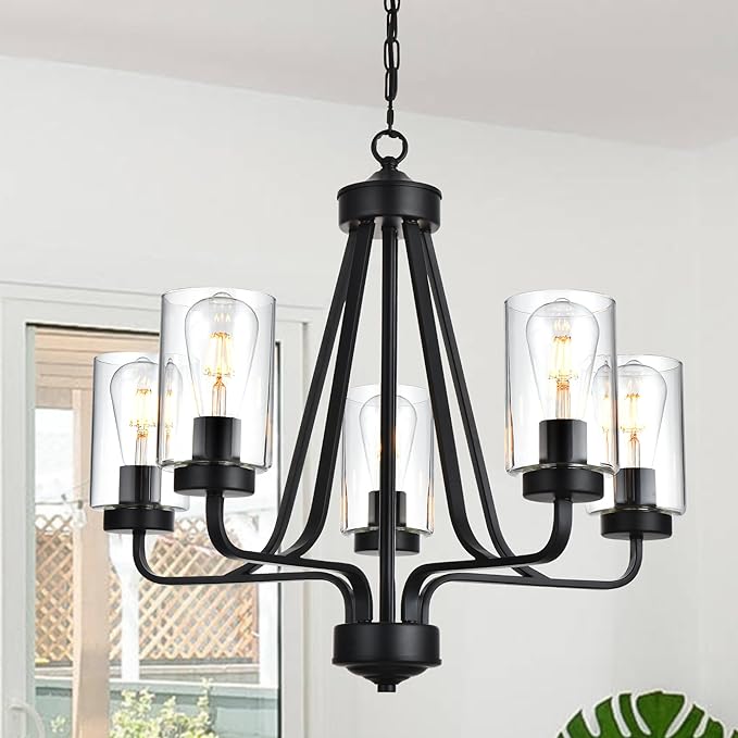 5-Lights Modern Chandelier with Clear Glass Shades, Black Farmhouse Pendant Lighting for Dining Room Kitchen Island Ceiling Light Fixture Haning Over Table-Ruum Studio Home