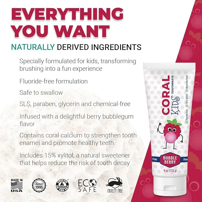 Coral White Kids Bubble Berry Fluoride Free Toothpaste - 4 Ounces (2 Pack)-Ruum Studio Home