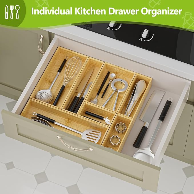 Silverware Bamboo Drawer Organizer Tray, 4 PCS Kitchen Drawer Organizer Storage for Utensil Cutlery, Bathroom, Office Desk, Makeup-Ruum Studio Home