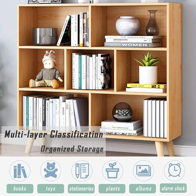 IOTXY Wooden Open Shelf Bookcase - 3-Tier Floor Standing Display Cabinet Rack with Legs, 7 Cubes Bookshelf, Pear Yellow-Ruum Studio Home