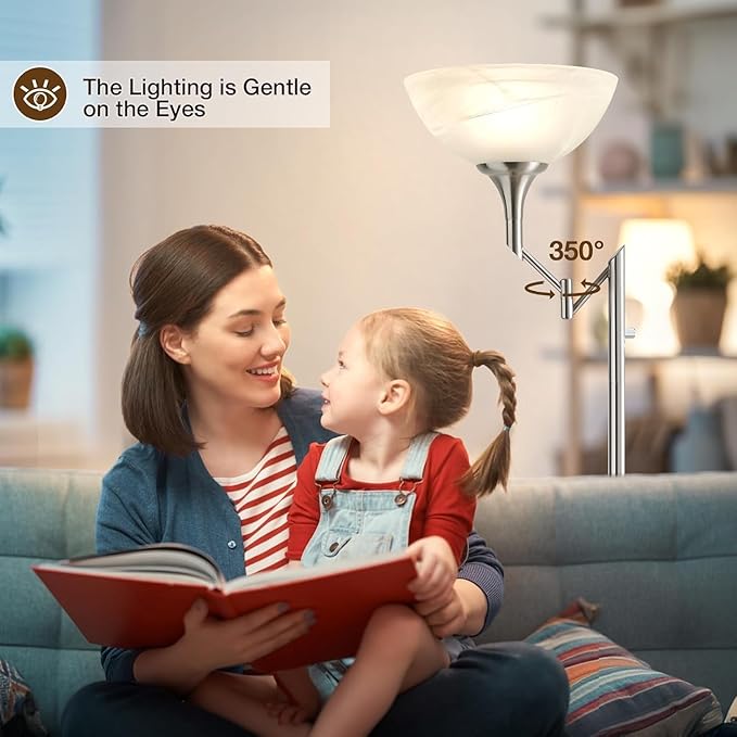 Floor Lamps for Living Room Silver, 70" Tall Standing Lamp with Glass Shade, Bedroom Floor Lamp with 350°Adjustable Swing Arm Lamp, Pole lamp for Bedroom, Living Room, Office, Bulbs Included-Ruum Studio Home