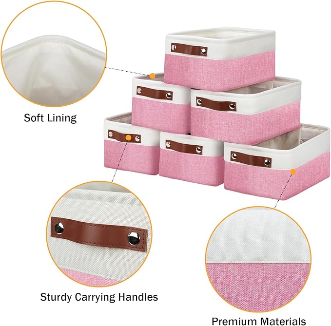 DULLEMELO Small Storage Baskets 6 Pack, Fabric Collapsible Gift Storage Baskets for Shelves, Closets, Nursery, Home, Office Organizing,Small Canvas Linen Rectangular Storage Bins (6-Pack, White&Pink)-Ruum Studio Home