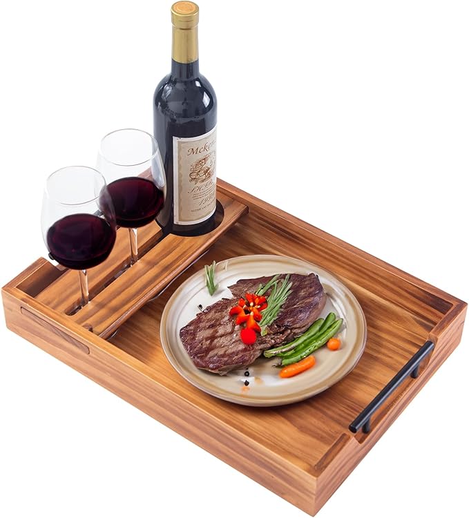 Wood Serving Tray with Handles, 17"x12" Rustic Wooden Trays with Removable Wine Glass Holder Decorative Ottoman Tray for Living Room, Coffee Table, Breakfast Food Trays in Bed-Ruum Studio Home