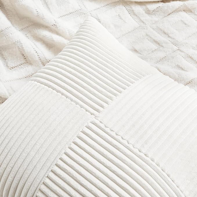 Fancy Homi 2 Packs Cream White Decorative Throw Pillow Covers 16x16 Inch for Living Room Couch Bed Sofa, Rustic Farmhouse Boho Home Decor, Soft Corss Patchwork Corduroy Textured Cushion Case 40x40 cm-Ruum Studio Home