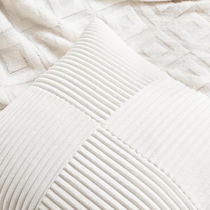 Fancy Homi 2 Packs Cream White Lumbar Decorative Throw Pillow Covers 12x20 Inch for Couch Bed Sofa, Rustic Farmhouse Boho Home Decor, Soft Striped Corduroy Rectangle Accent Cushion Case 30x50 cm-Ruum Studio Home