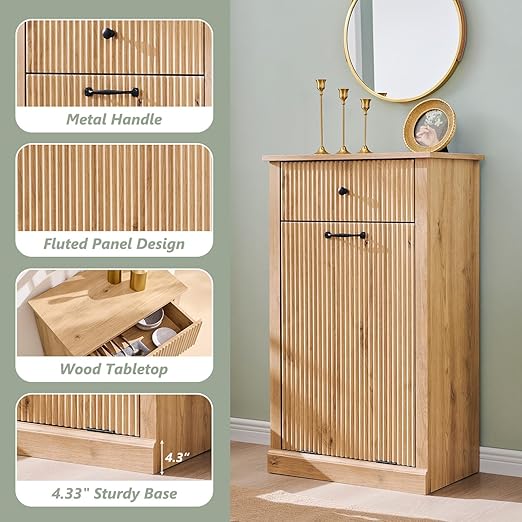 Modern Tilt-Out Trash Can Cabinet, 10 Gallon Fluted Laundry Hamper Cabinet with Drawers, Wooden Hidden Garbage Can Cabinet w/Storage Basket, Free Standing for Kitchen & Living Room,Natural Oak-Ruum Studio Home