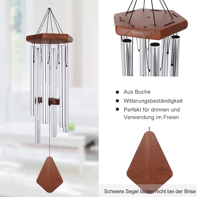 ASTARIN Memorial Wind Chimes for Outside, 30'' Deep Tone, Sympathy Wind-Chime Personalized with 6 Tuned Tubes, Elegant Chime for Garden Patio Balcony and Home Silver-Ruum Studio Home