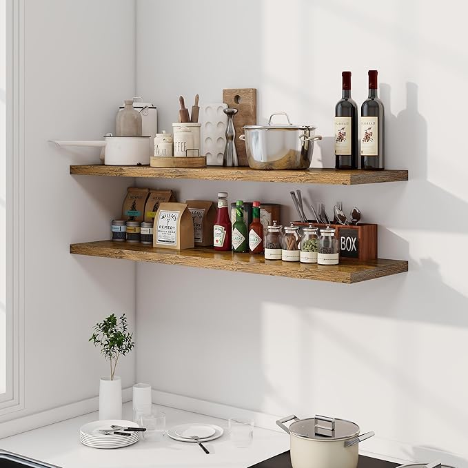 48" Floating Shelves for Wall, 12" Deep Slim Rustic Brown Floating Shelves, Wall-Mounted Shelves for Bedroom, Living Room, Kitchen, Bathroom - Set of 2-Ruum Studio Home