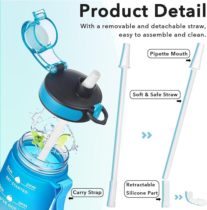 Enerbone Water Bottle, Leakproof BPA & Toxic Free, Motivational Water Bottle with Times to Drink and Straw, Fitness Sports Water Bottle with Strap for Office, Gym, Outdoor Sports-Ruum Studio Home