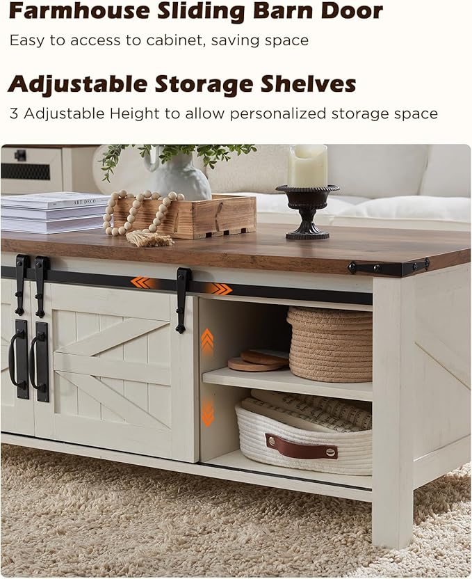 OKD 48" Farmhouse Lift Top Coffee Table with Sliding Barn Door,Rustic Center Table with Hidden Storage Compartment,Lifting Tabletop and Adjustable Shelf for Living Room,Office,Antique White-Ruum Studio Home