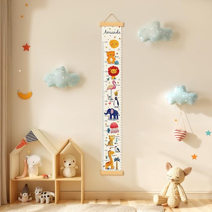 Personalized Name Growth Chart Wall Decor for Kids – Canvas Removable Height Chart Measuring Ruler 59" x 7.9" （Animals）-Ruum Studio Home