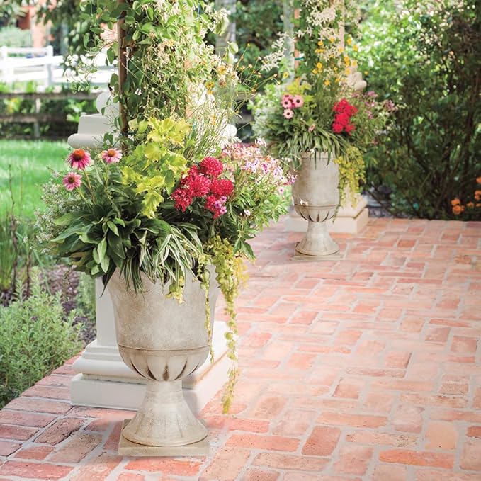 Worth Garden Plastic Urn Planters for Outdoor Plants, Tree 22'' Tall 2 Pack Round Classic Resin Flower Pots Indoor Beige Traditional Front Porch 15 in Dia. Large Imitation Stone Decorative Patio Deck-Ruum Studio Home
