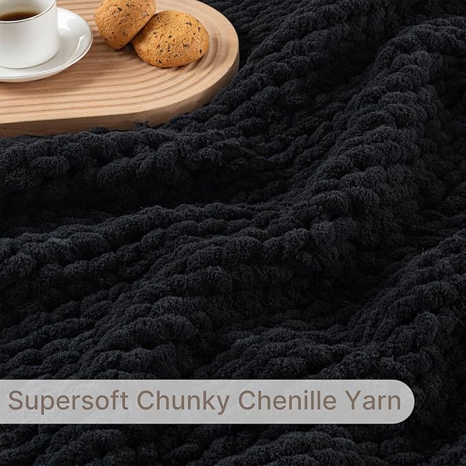 Chunky Knit Blanket Throw, 100% Hand Knit Throw Blanket Handmade Chenille Cable Knit Throw for Couch, Stylish Cozy Soft Rope Knot Crochet Blanket for Home Decor, Black, 50x60 Inches-Ruum Studio Home