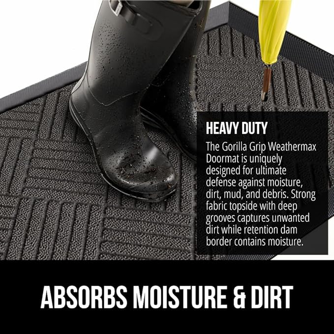 GORILLA GRIP 100% Waterproof All-Season WeatherMax Doormat, 34x58, US Designed Natural Rubber, Stain and Fade Resistant, Low Profile Indoor Outdoor Door Mats, Easy Clean Patio Mat, Gray Diamond-Ruum Studio Home