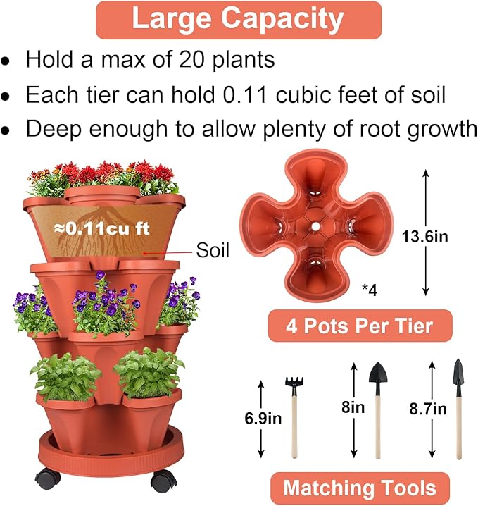 Vertical Planter 4 Tier Stackable Planters Garden Planters Strawberry Herb Flower and Vegetable Planter Indoor Outdoor Gardening Pots with Removable Wheels and Tools-Ruum Studio Home