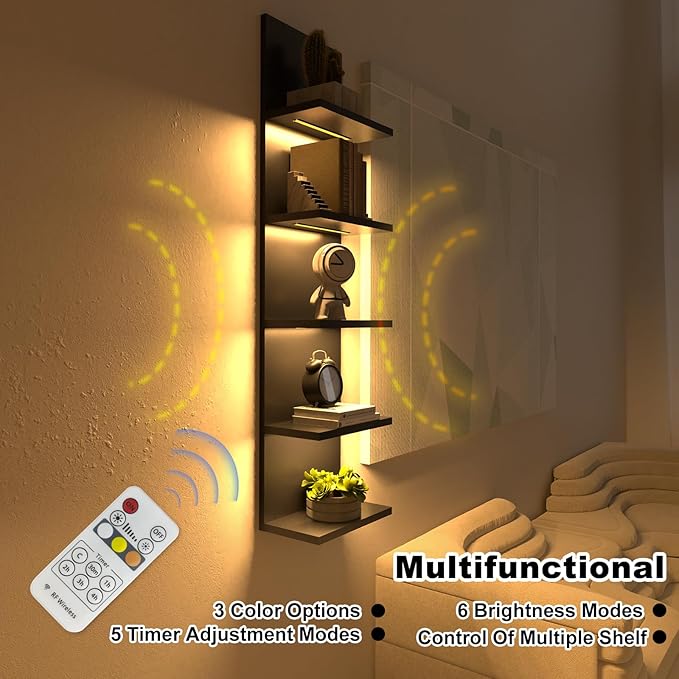 5 Tier Wall Shelf Unit, Black Modern Vertical Lack Wall Shelves with Light, Wall Mount, Floating Column Home Decor Shelves for Bedroom, Living Room, Vanity Storage Display-Ruum Studio Home