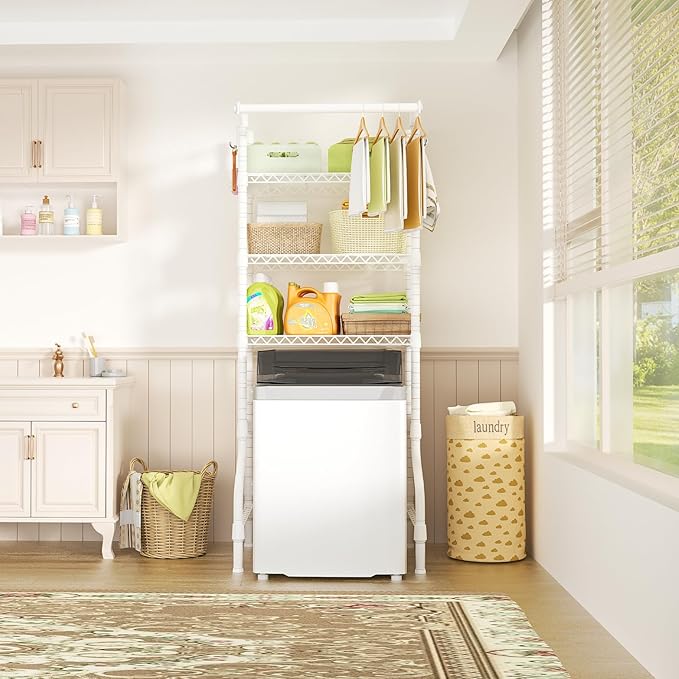 Ulif U11 Mini Over Washer and Dryer Shelves, 3 Tiers Laundry Room Storage and Organizer Standing Shelf, Metal Freestanding Clothes Drying Rack, 28.3”W x 19.7”D x 77.6”H, White-Ruum Studio Home