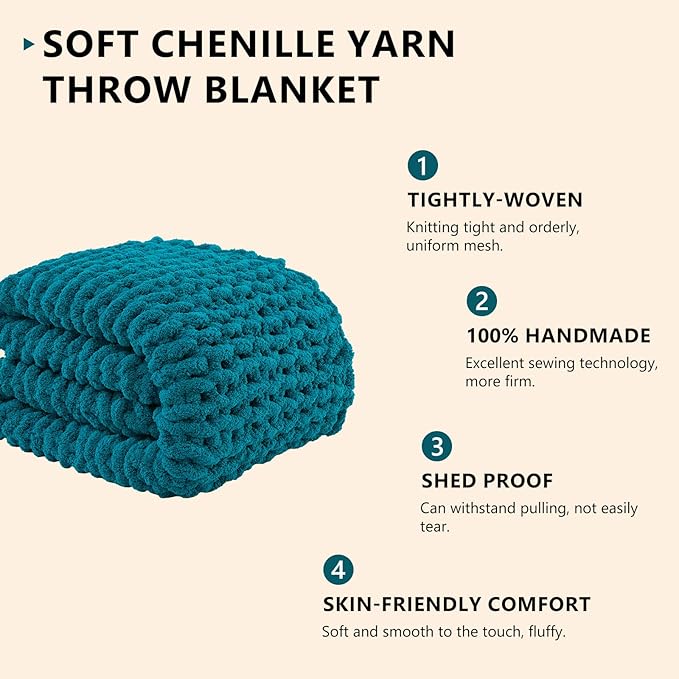 L'AGRATY Chunky Knit Blanket Throw: 60''x80'' Chenille Chunky Knitted Throw Blanket for Bed Couch - Handmade Thick Big Cable Knit Blanket - Large Crochet Rope Blanket for Home Decor(Teal)-Ruum Studio Home