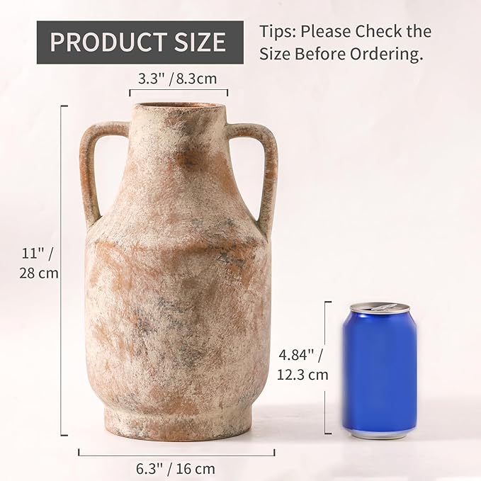 Mitt&Ditt Ceramic Flower Vase with Handles, 11 inch Tall Vase for Centerpieces, Large Decorative Terracotta Vases, Farmhouse Rustic Vases for Home Decor, Living Room, Table, Neutral-Ruum Studio Home