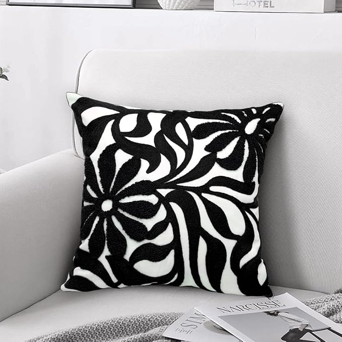 Alysheer Farmhouse Floral Leaves Embroidered Decorative Throw Pillow Cover 18x18 inches, Boho Tufted Flowers Embroidery Pattern Chic Cotton Cushion Case for Couch Bed Sofa Living Room(Black)-Ruum Studio Home