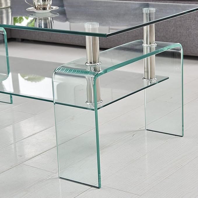 Glass Coffee Table for Living Room, Modern Rectangle All Tempered Glass Table 8mm Clear Transparent Top Home Furniture for Small Space Bearing 220LB-Ruum Studio Home