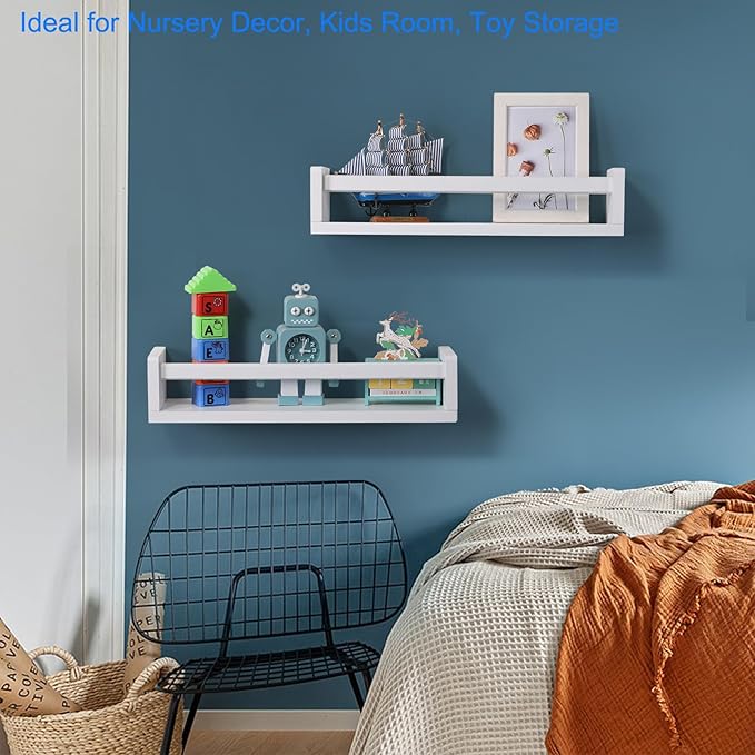 Nursery Book Shelves | Set of 2 Wood Floating Shelves for Kids Room, Kitchen Spice Rack, or Rustic Wall Mounted | Farmhouse Bathroom Décor (White)-Ruum Studio Home