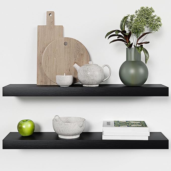 Homeforia Black Floating Shelves 30 inches Long, High End Solid Real Wood 30 inch Floating Shelf for Wall Mounted, Black Wooden 30in Floating Shelves, Heavy Duty Bracket, 30 X 6.5 X 1.75 in, Set of 2-Ruum Studio Home