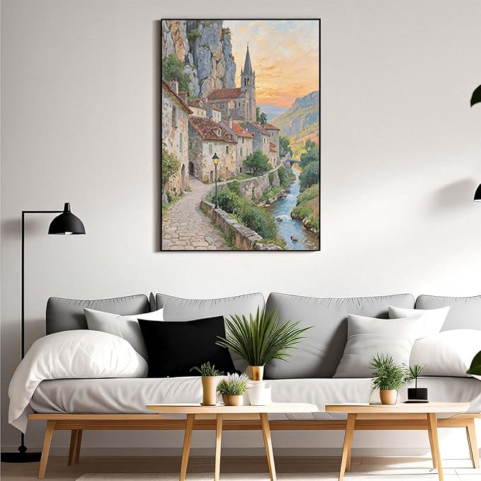 Small town scenery poster on the bank of the mountain stream is suitable for living room bedroom and office natural oil painting poster-Ruum Studio Home