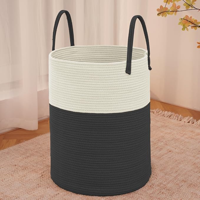 Large Woven Laundry Basket Hamper,80L Cotton Rope Storage Bin for Blankets,Toys and Clothes,Decorative Tall Nursery Hamper for Living Room,Baby Nursery,Bathroom and Bedroom,White and Black-Ruum Studio Home