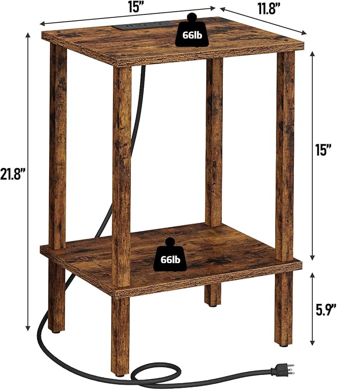 TUTOTAK End Table with Charging Station, Small Side Table with Outlets, Nightstand Bedside Table, 2-Tier Storage Shelf for Small Space, Living Room, Bedroom, Brown TB01BB040C-Ruum Studio Home