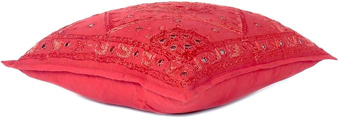 Eyes of India Embroidered Decorative Boho Throw Pillow Cover with Mirrors, Handmade Bohemian Accent Cushion Case for Sofa Couch Bedroom Living Room (Red, 24" x 24")-Ruum Studio Home