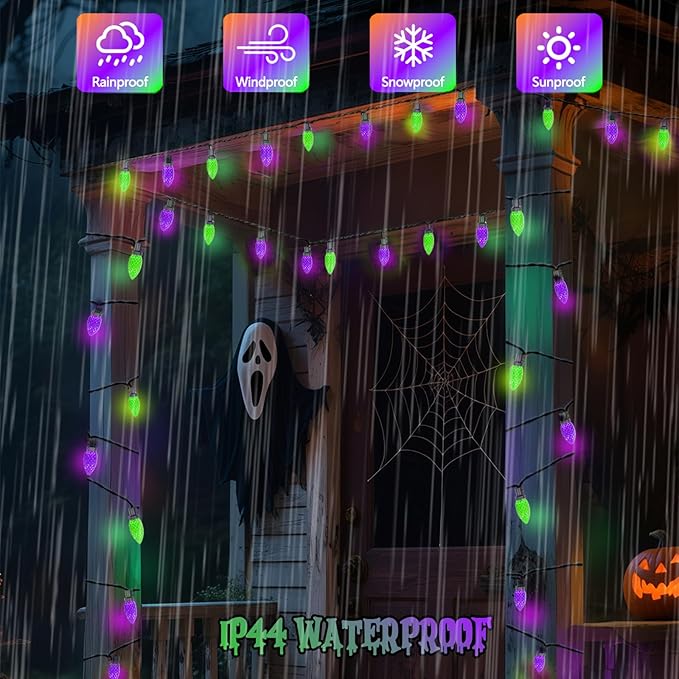 Extendable Purple and Green 2PK 100 LED C9 Halloween Lights Indoor Outdoor Waterproof, 98FT Super Bright C9 String Lights 13 Modes with Timer for Tree Patio Party Garden Halloween Decorations-Ruum Studio Home