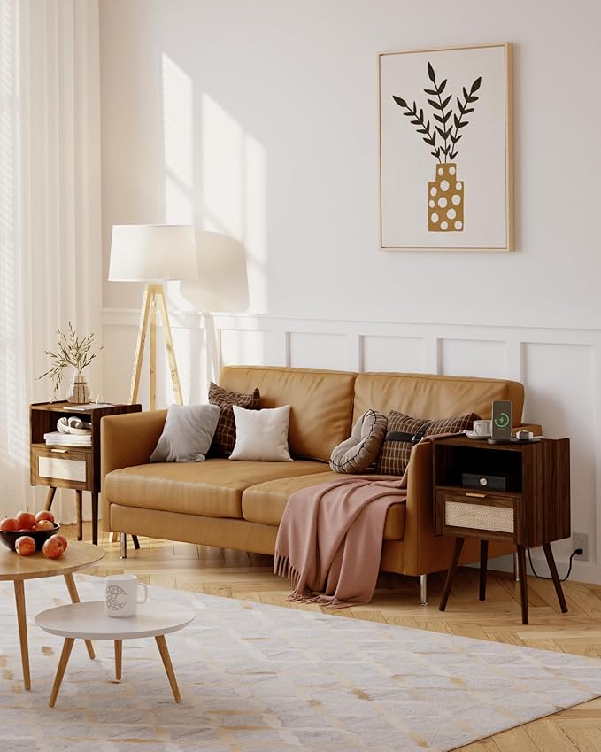 Rattan Nightstand with Outlet,Modern Bedside Table with Storage Drawer and Open Wood Shelf, for Living Room, Bedroom and Small Spaces, Accent Night Stand with Solid Wood Legs,Walnut Brown-Ruum Studio Home