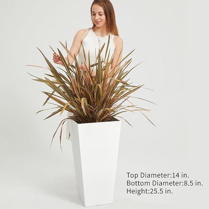 Worth Garden 2-Pack White Matte Texture Square Tapered Planter - 25.5" H. Tall Plastic Plant Pots with Drain Hole for Indoor Outdoor - Modern Decorative Flower Pots for Front Porch, Patio, Deck-Ruum Studio Home