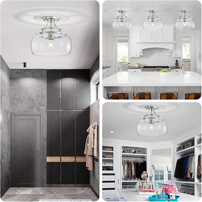 WUZUPS Chandelier Rustic Farmhouse Industrial Round Semi-flushmount Ceiling LED Light Fixture with Clear Glass Shades for Bathroom Kitchen Foyer Entryway, H 11.8" x W 13.4", E26 Base, Brushed Nickel-Ruum Studio Home