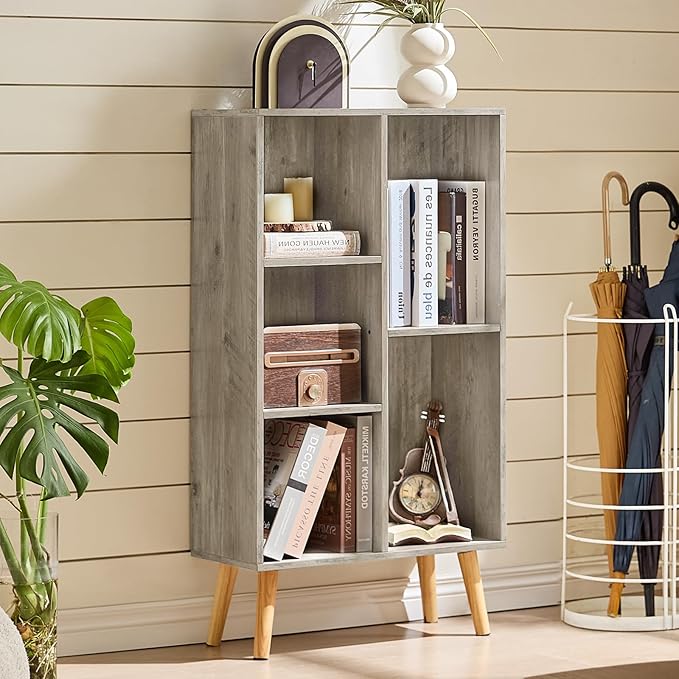 5 Cube Small Bookshelf,3 Tier Mid-Century Modern Bookcase with Legs,Wood Bookshelves Storage Organizer Shelf,Free Standing Narrow Book Shelves,Rustic Grey Corner Bookcases for Bedroom,Living Room-Ruum Studio Home