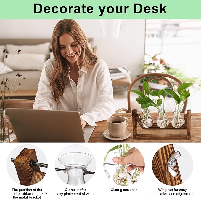 YIBOT Propagation Stations,Plant Terrarium with Retro Wooden Stand, Unique Gardening Birthday Gifts for Women Plant Lovers, Hydroponics Plants Home Office Garden Decor - 3 Bulb Glass Vases-Ruum Studio Home