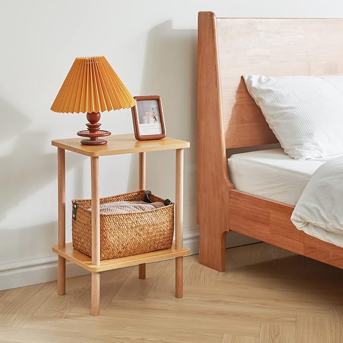 IBUYKE 2-Tier Side Table, Solid Wood Tall End Table with Storage Shelves, Nightstand Bedside Table for Living Room Bedroom Office, No-Tool Assembly, Natural UWST002N-Ruum Studio Home