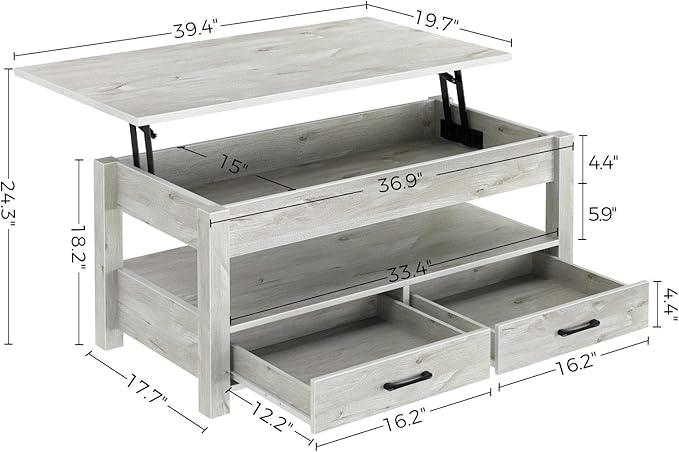 Rolanstar Coffee Table, Lift Top Coffee Table with Drawers and Hidden Compartment, Living Room Table with Wooden Lift Tabletop, for Living Room, Grey-Ruum Studio Home