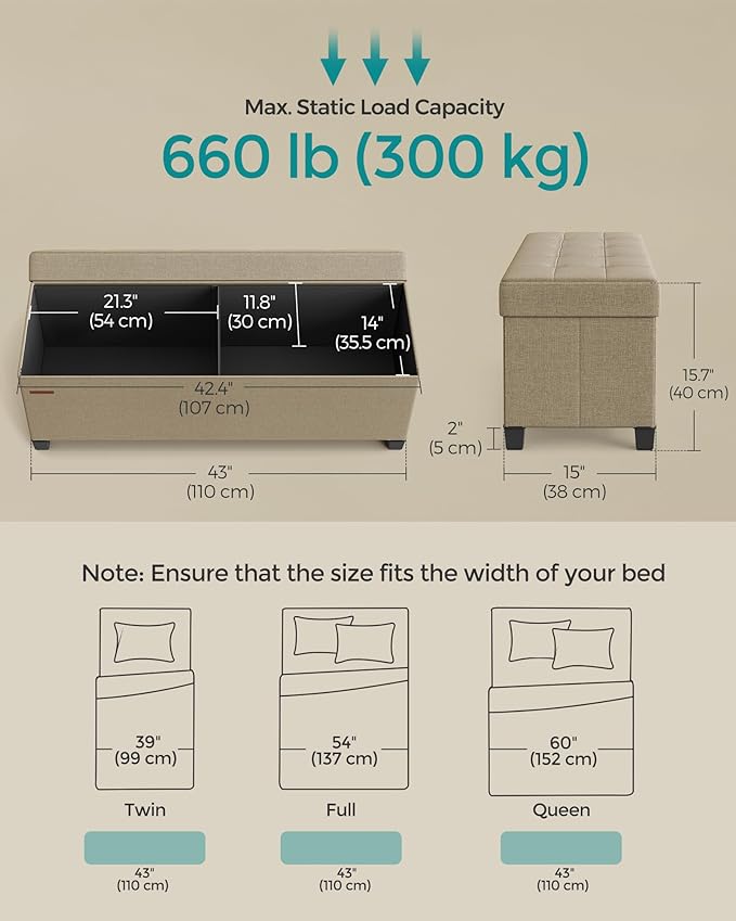 SONGMICS Storage Ottoman Bench, Foldable Foot Rest with Legs, 15 x 43 x 15.7 Inches, End of Bed Bench, Storage Chest, Load up to 660 lb, for Living Room, Bedroom, Entryway, Camel Brown ULSF018K01-Ruum Studio Home