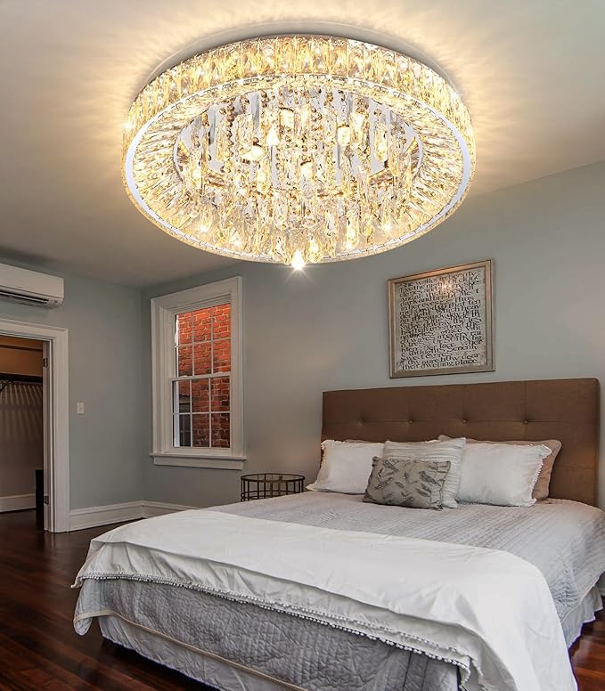 23.6'' Modern Crystal Chandeliers LED Dimmable Flush Mount Ceiling Chandeliers for Living Room Entrance Foyer Bedroom Silver-Ruum Studio Home