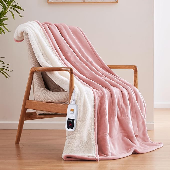 Sealy Electric Blanket Throw Size 50"*60",Super Cozy Flannel to Sherpa Reversible Heated Blanket Throw with 6 Heating Levels & 2-10 Hours Auto Off Overheating Protection Machine Washable,Pink-Ruum Studio Home