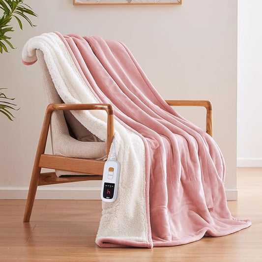 Sealy Electric Blanket Throw Size 50"*60",Super Cozy Flannel to Sherpa Reversible Heated Blanket Throw with 6 Heating Levels & 2-10 Hours Auto Off Overheating Protection Machine Washable,Pink-Ruum Studio Home