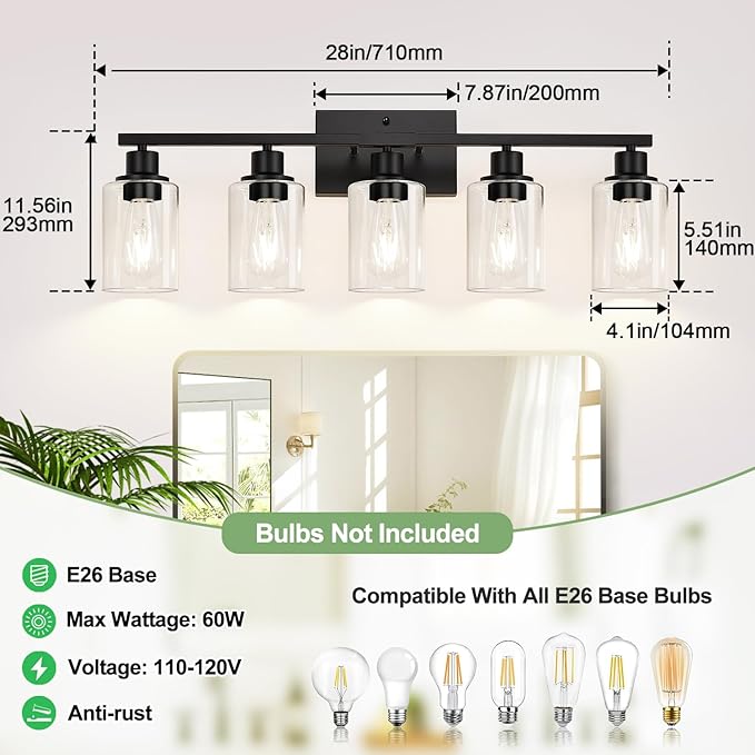 5-Light Bathroom Light Fixtures, Matte Black Modern Vanity Lights with Clear Glass Shades, Bathroom Vanity Light for Mirror Living Room Cabinet Bedroom Porch-Ruum Studio Home