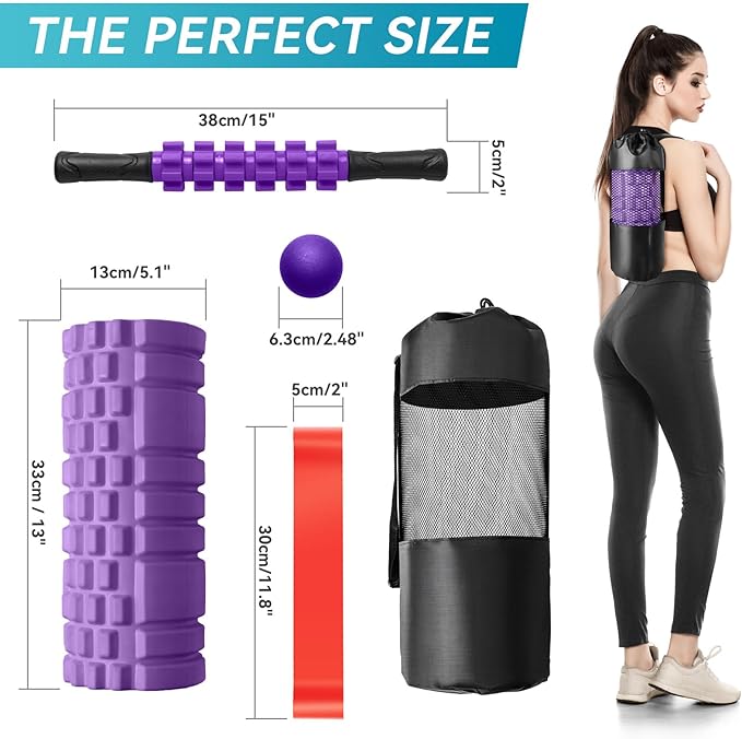 5 in1 Foam Roller Set, High Density Deep Tissue Massager for Muscle Massage, Massage Roller, Massage Ball, Resistance Band for Whole Body Physical Therapy Deep Muscle Massage (Purple)-Ruum Studio Home